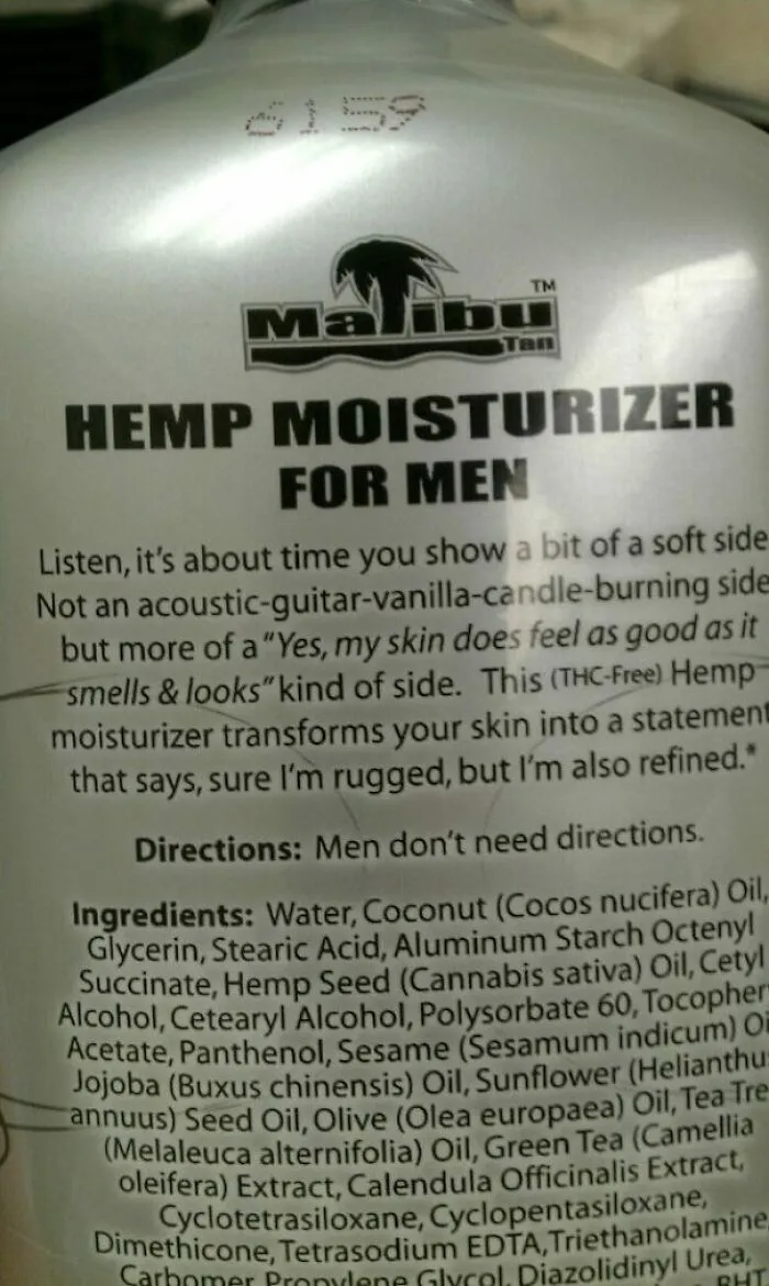 Lotion bottle featuring confusing instructions humorously stating men do not need directions