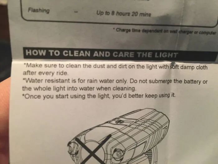 Bicycle light manual displaying funny instructions that tell the user to keep using it once started.
