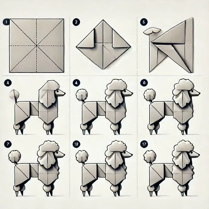 An origami diagram demonstrating confusing instructions where early basic folds instantly jump to a detailed poodle.