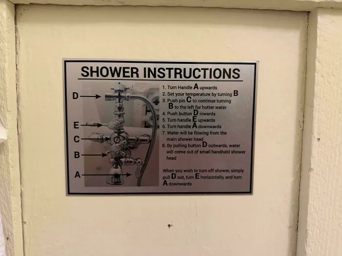 A metal sign displaying complicated shower instructions alongside a diagram of labelled handles and valves.