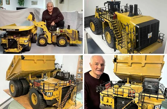 Man posing with large-scale detailed miniature construction vehicles