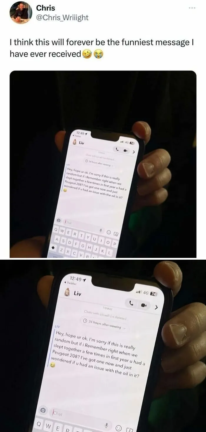 Funny British meme showing a confusing text about a Peugeot 208 and oil issues