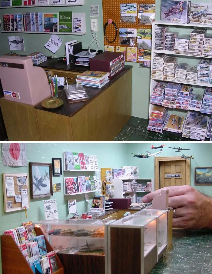Miniature model hobby store interior with shelves of model kits and desk