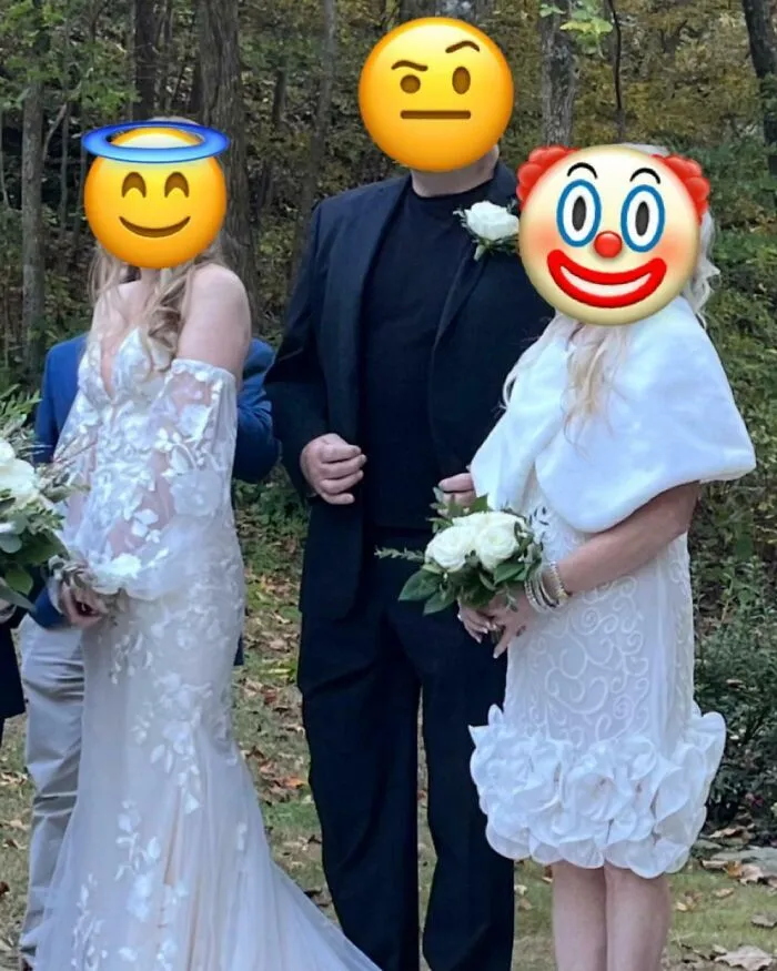 Wedding guests with bride and groom making the wedding about themselves