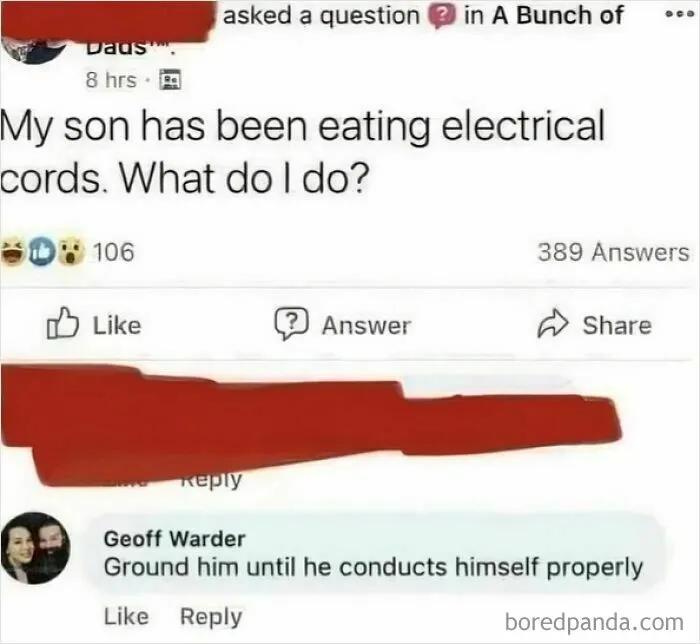 Feral internet post with joke about son eating electrical cords