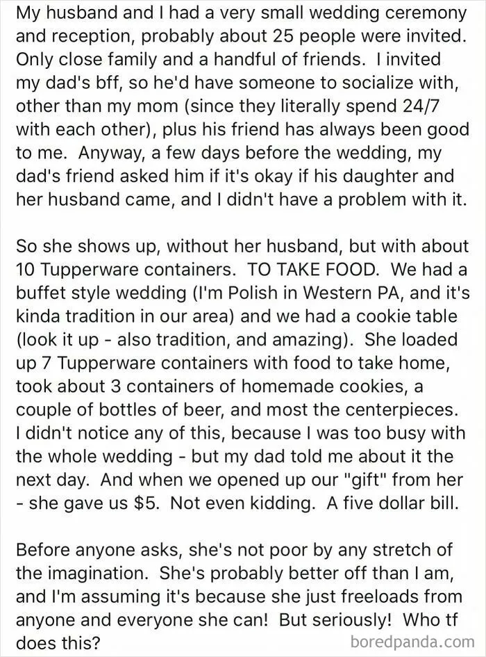Story of a wedding guest taking excessive food and giving a five dollar gift