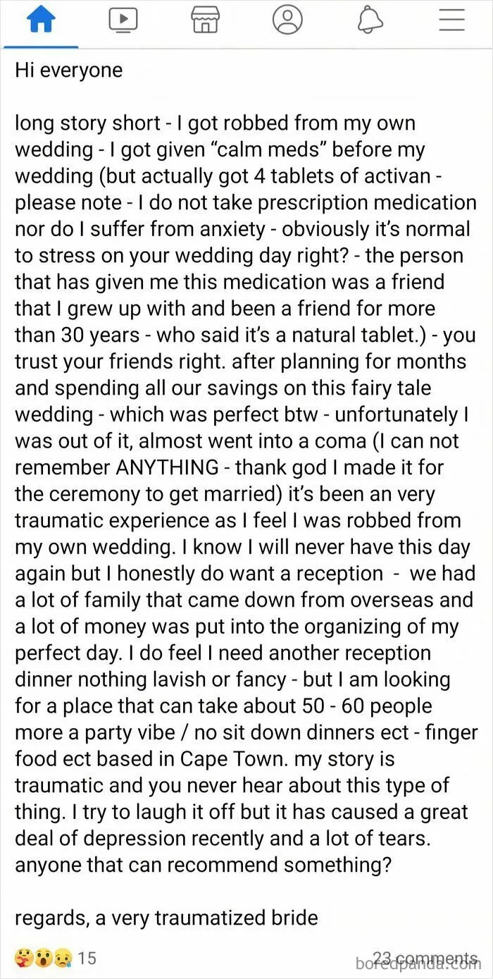 Text post from a traumatized bride describing medication incident on her wedding day