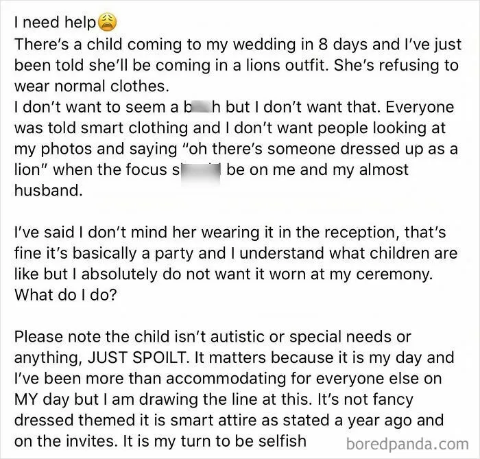 Bride upset over child guest wanting to wear lion costume to wedding ceremony