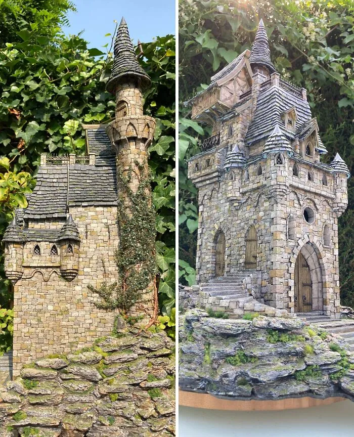 Detailed miniature castle models surrounded by greenery with intricate stonework