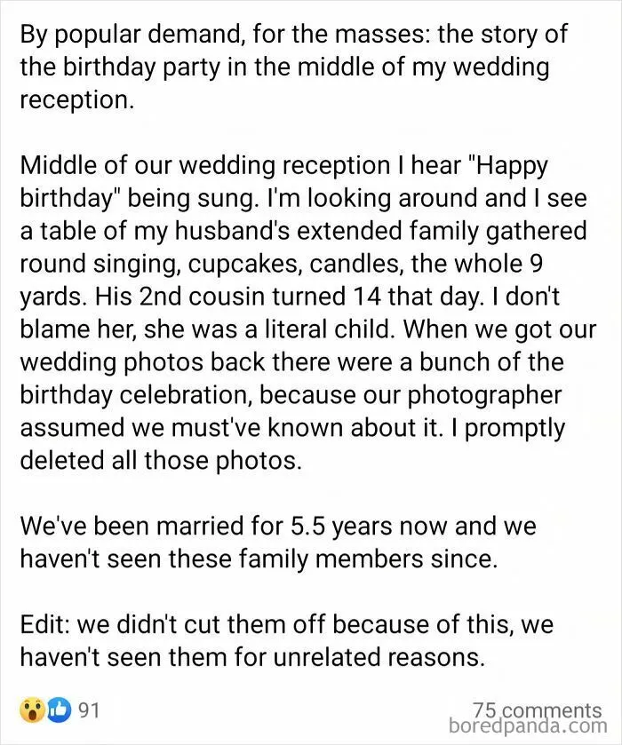 Wedding reception disrupted by a surprise birthday party for husband's 14-year-old cousin