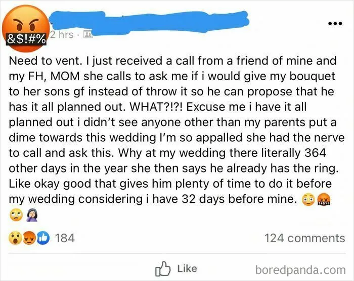 Bride frustrated after friend asks to give bouquet to son's girlfriend for proposal plan