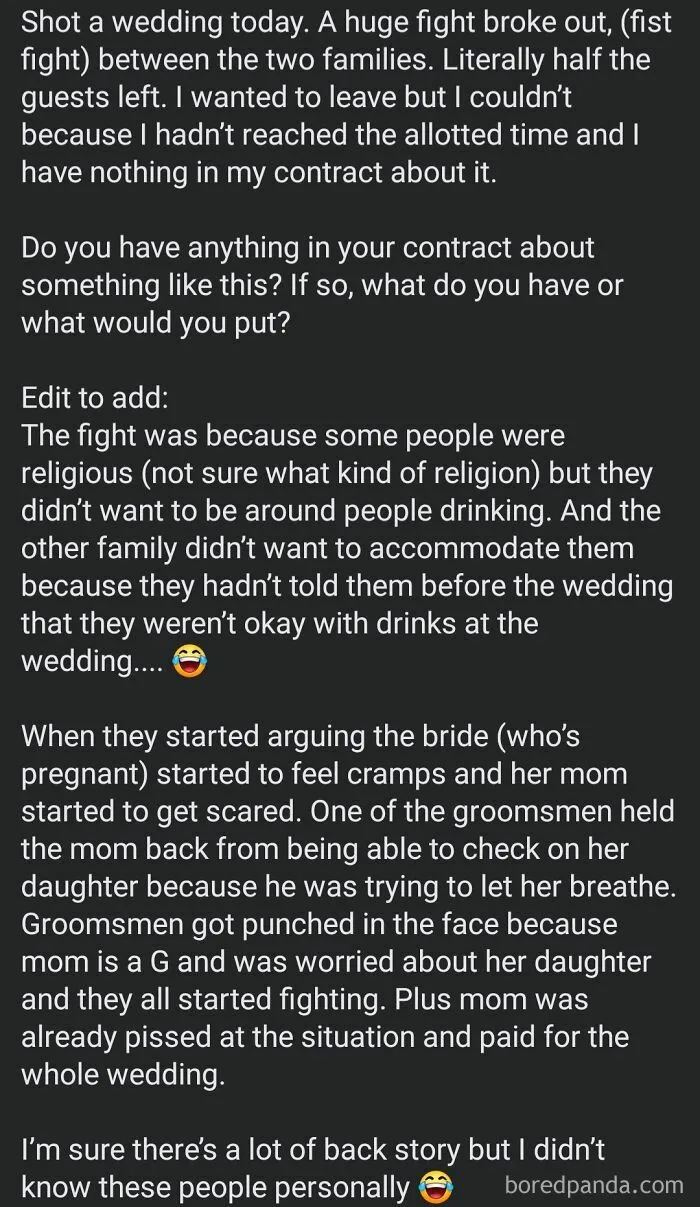 Text describing a fight at a wedding caused by religious conflicts over drinking