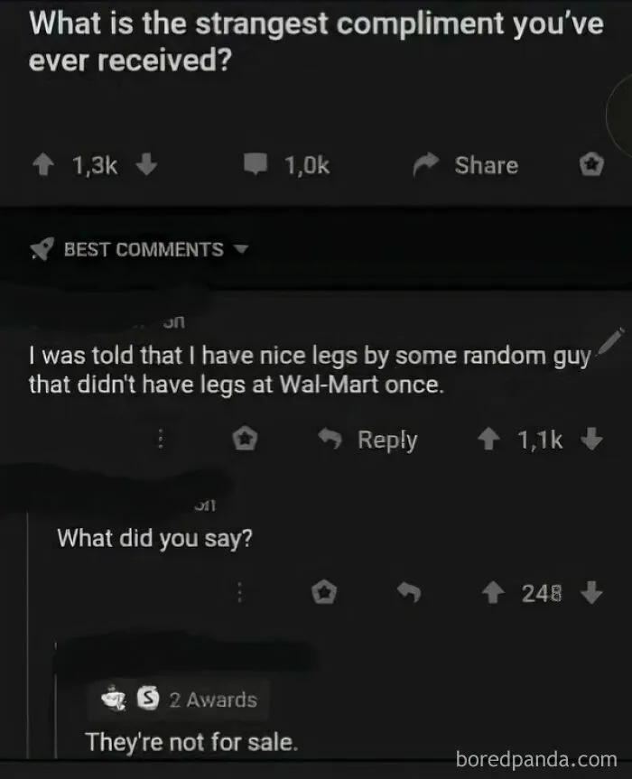 Screenshot of strange compliment post about nice legs from a legless man
