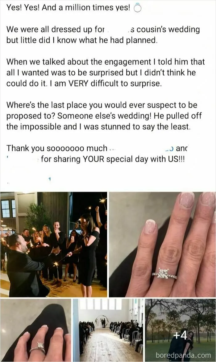 Surprise engagement proposal at someone else's wedding with guests celebrating