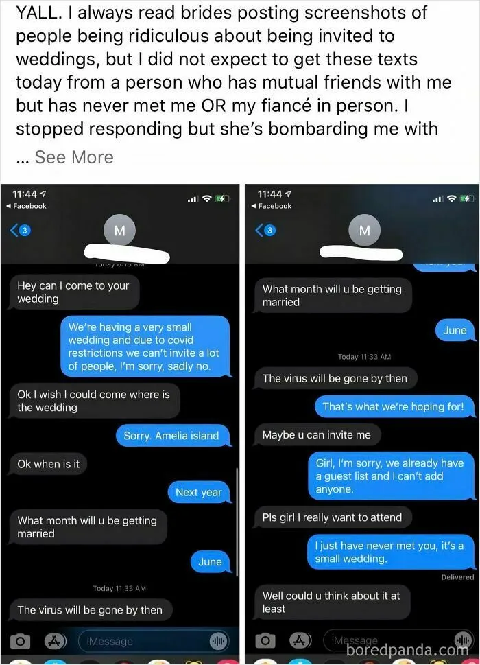 Screenshot of text messages about uninvited guests persistently asking to attend a small wedding during COVID restrictions