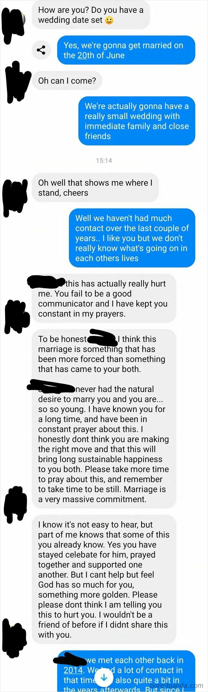 Text conversation about a small wedding plan and concern over forced marriage advice