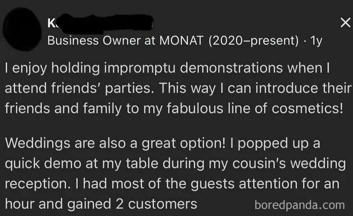 Social media post about using weddings for cosmetics demonstrations