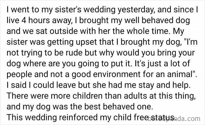 Text about wedding guest bringing a well-behaved dog to sister's wedding in an environment with many children