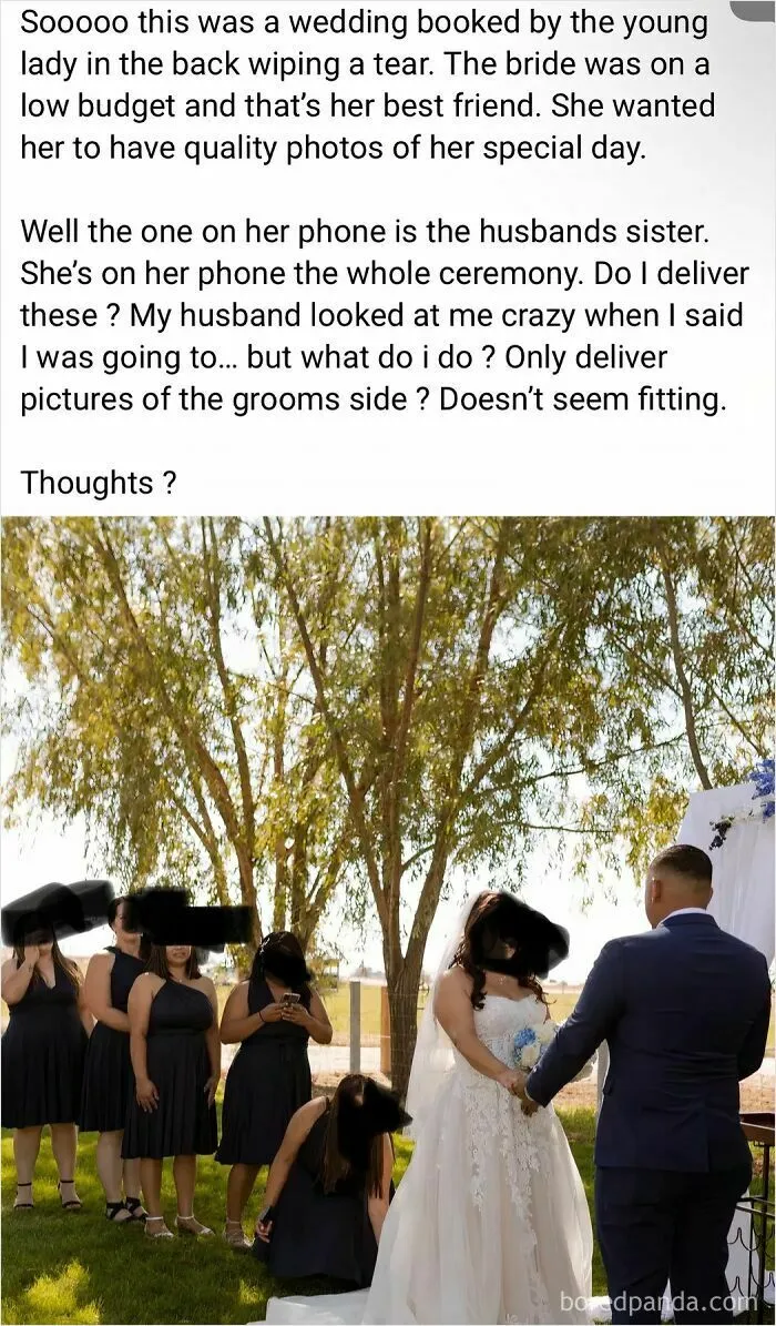 Wedding guests and bride with bridesmaids at outdoor ceremony in dark dresses