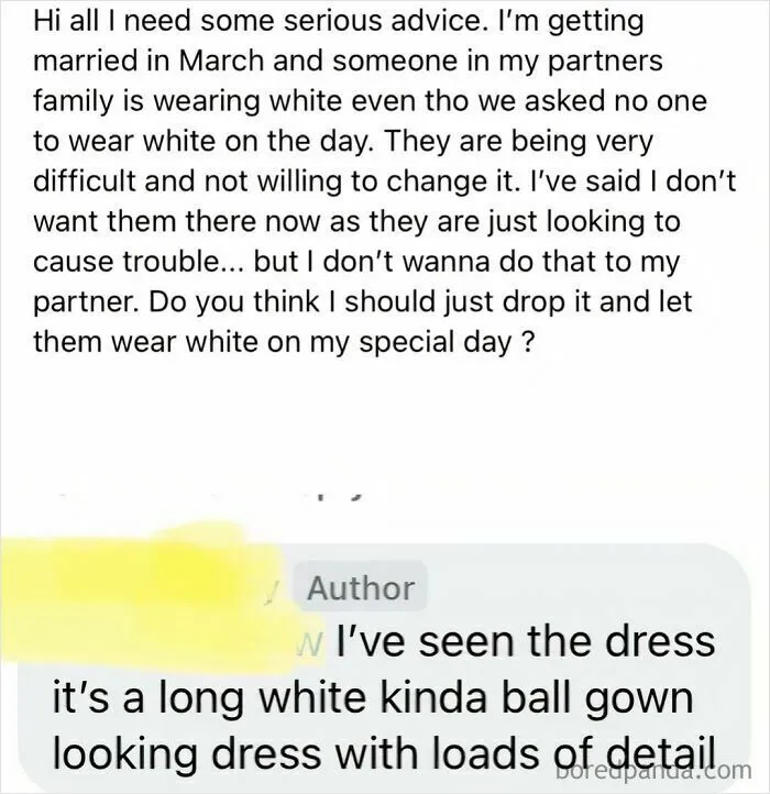 Message about white dress controversy at wedding with reply about detailed ball gown