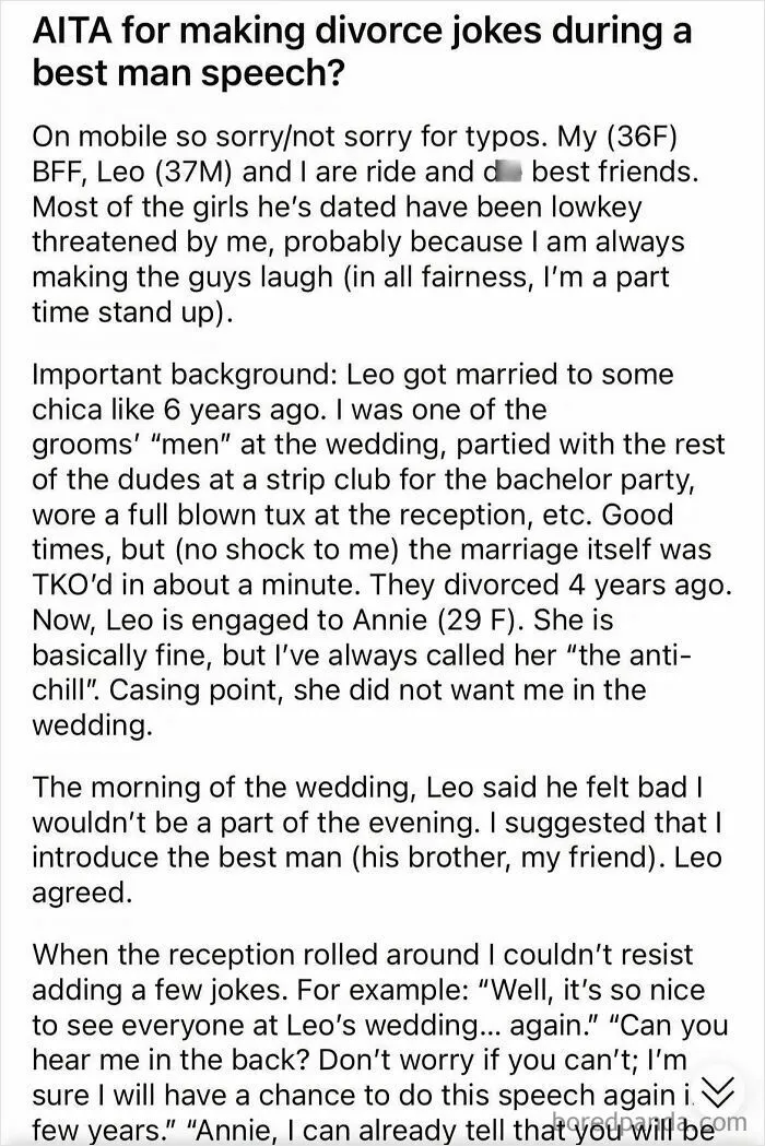 Text message about making divorce jokes during best man speech at wedding