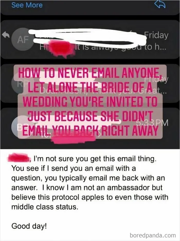 Guide on not emailing brides when invited to weddings and expecting quick replies