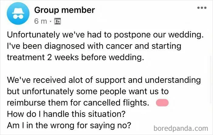 Post about postponing wedding due to cancer and guests demanding flight reimbursements