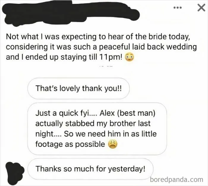 Text message revealing the best man stabbed the sender's brother at a wedding event