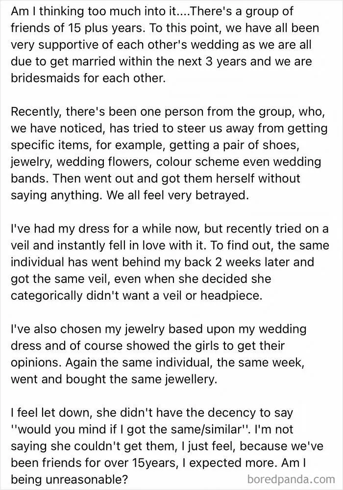 Bride upset over friend copying wedding veil and jewelry choices