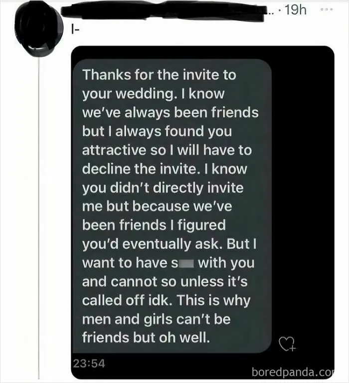 Text declining wedding invite due to attraction dilemma