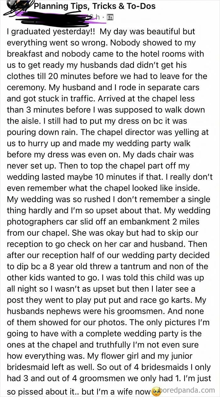 Bride shares chaotic wedding day troubles with traffic, missing party members, and rain