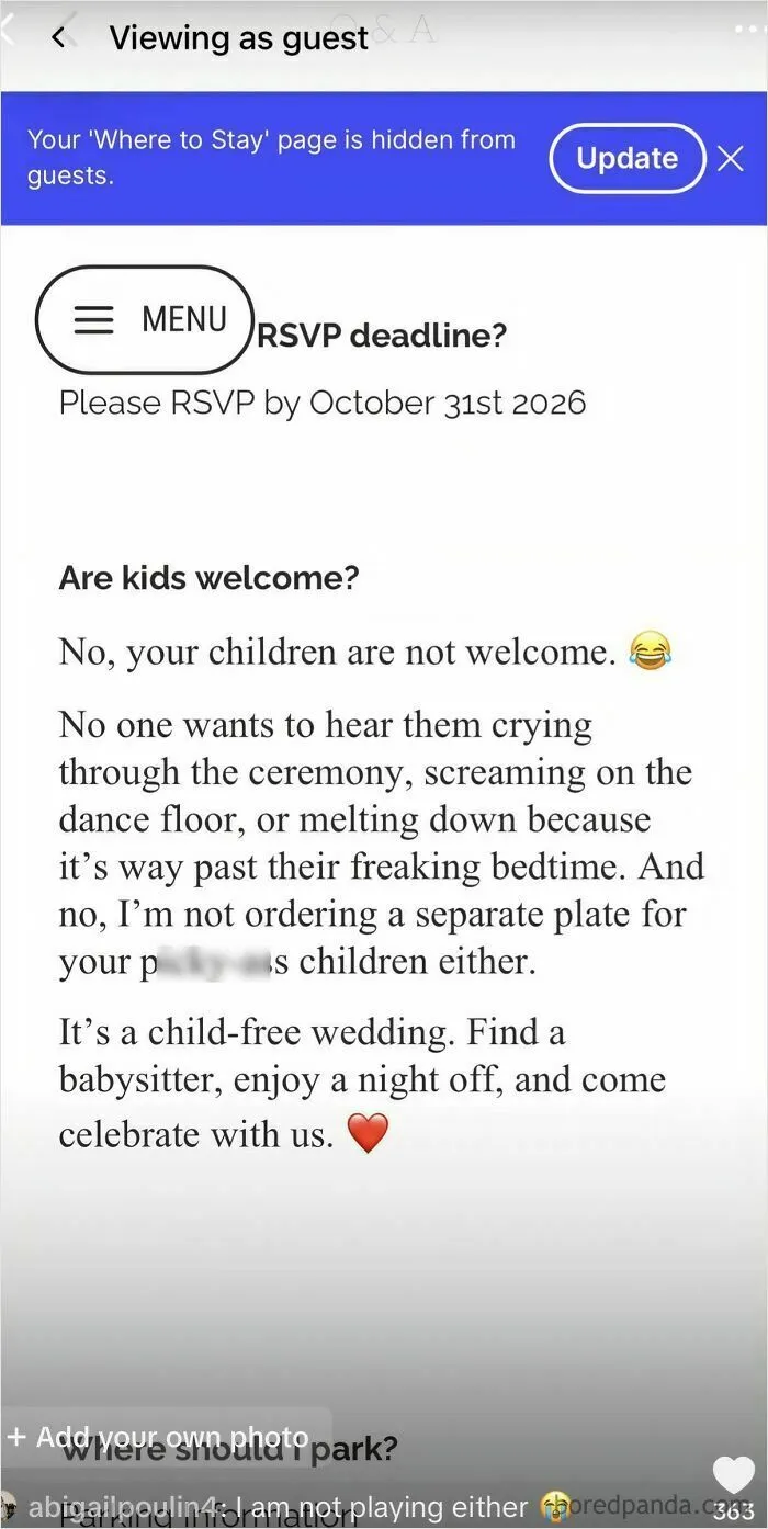 Screenshot of a wedding website stating kids are not welcome at the wedding