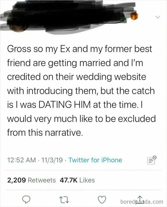 Social media post about awkward wedding credit involving ex and friend