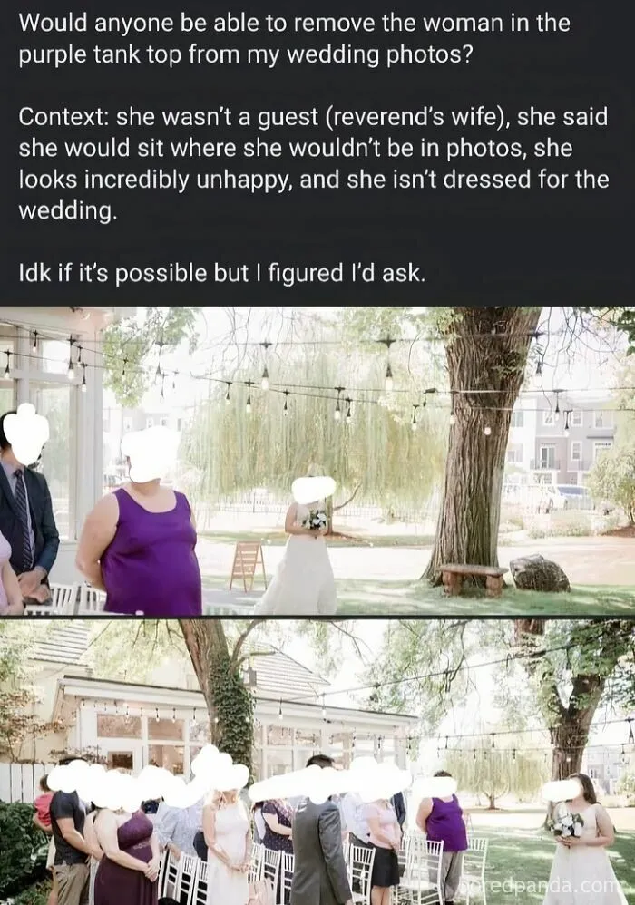 Wedding guest in purple tank top standing near bride at outdoor wedding photos