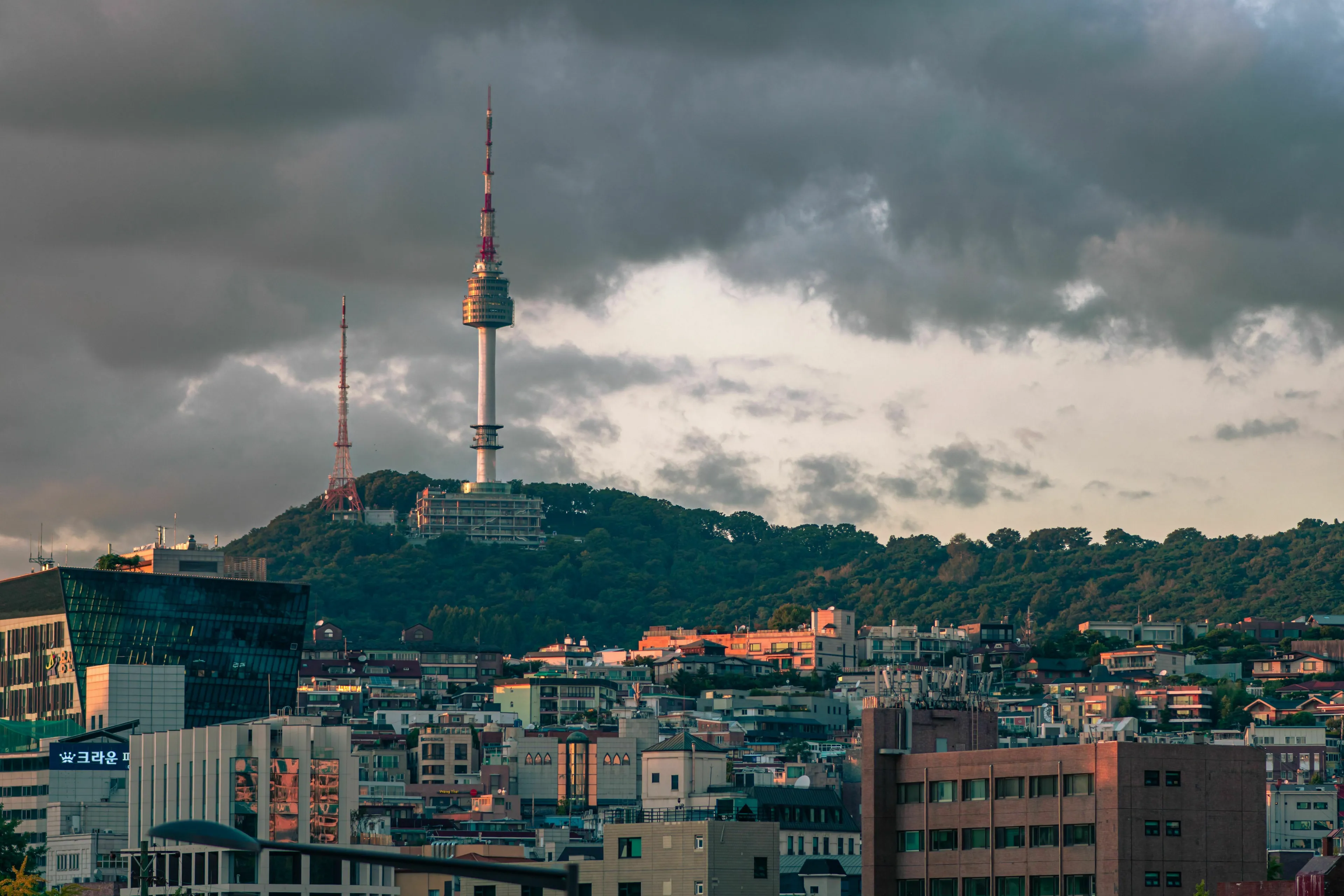 Seoul cityscape with Namsan Tower on the Han River surrounded by mountains