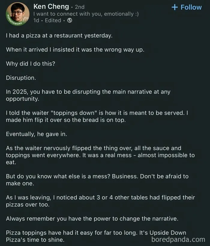 LinkedIn post about disrupting the pizza topping narrative in business