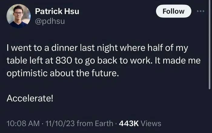 LinkedIn post about optimism from working late dinner attendees
