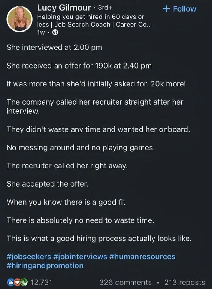 LinkedIn post about quick job offer and good hiring process advice