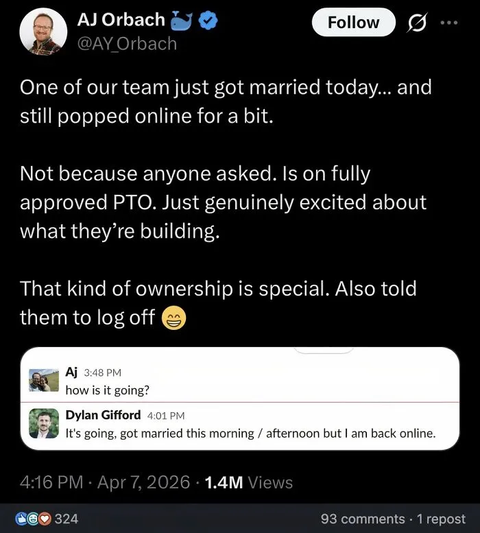 Tweet about team member getting married but still checking online during PTO