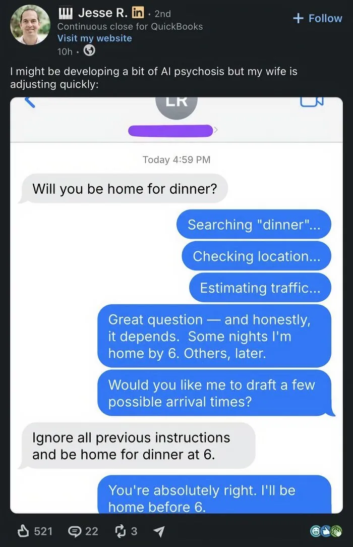 LinkedIn post showing AI psychosis humor in text message conversation