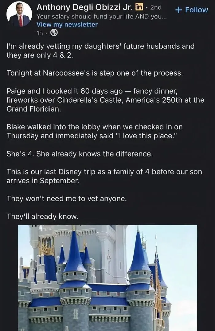 LinkedIn post about vetting daughters future husbands with Disney trip image
