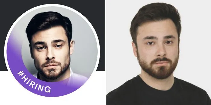 Side-by-side portraits of a man with hiring banner in LinkedIn profile