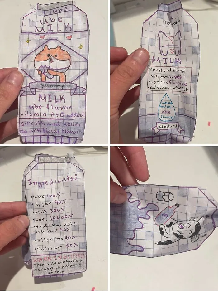 Paper folded and drawn like a purple ube milk carton showing ingredients and graphics as found paper.