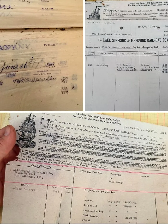 Vintage shipping documents and bills of lading depicting historical found paper.