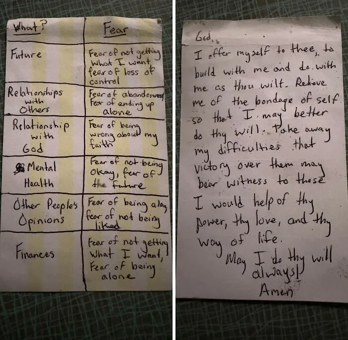 Found paper note listing categories of personal fear and a handwritten prayer.