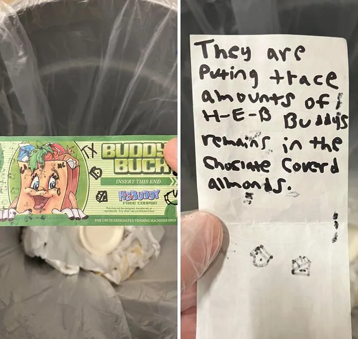 Handwritten note about HEB Buddy on paper next to a coupon, an example of found paper