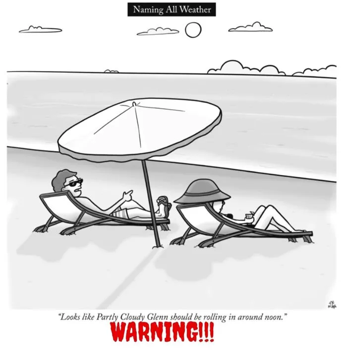 Funny dark cartoon about naming all weather while relaxing under a beach umbrella.