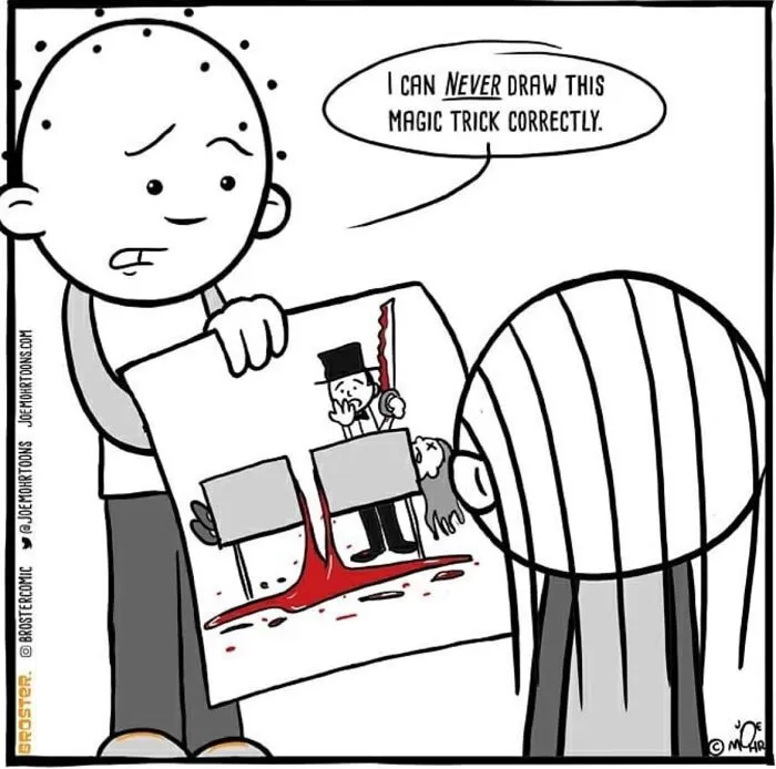 Cartoon of boy struggling to draw magic trick with blood and dark humor