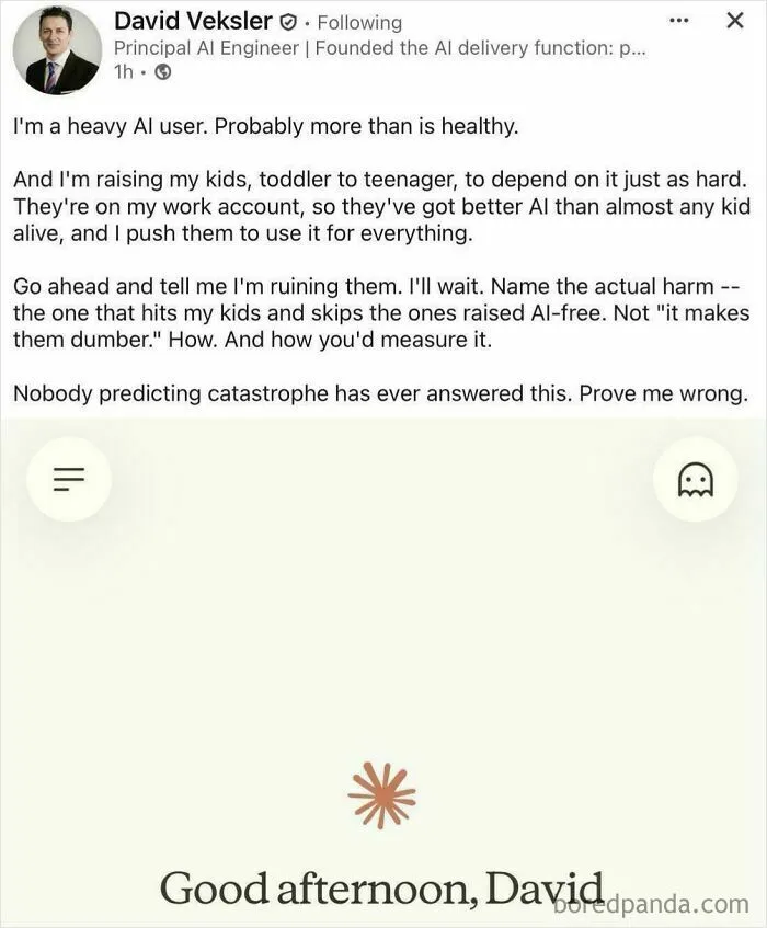 LinkedIn post discussing heavy AI use in parenting and challenging critics