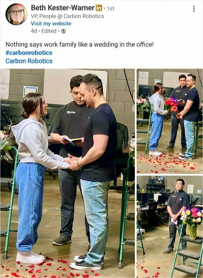 Couple having a wedding ceremony at office surrounded by coworkers